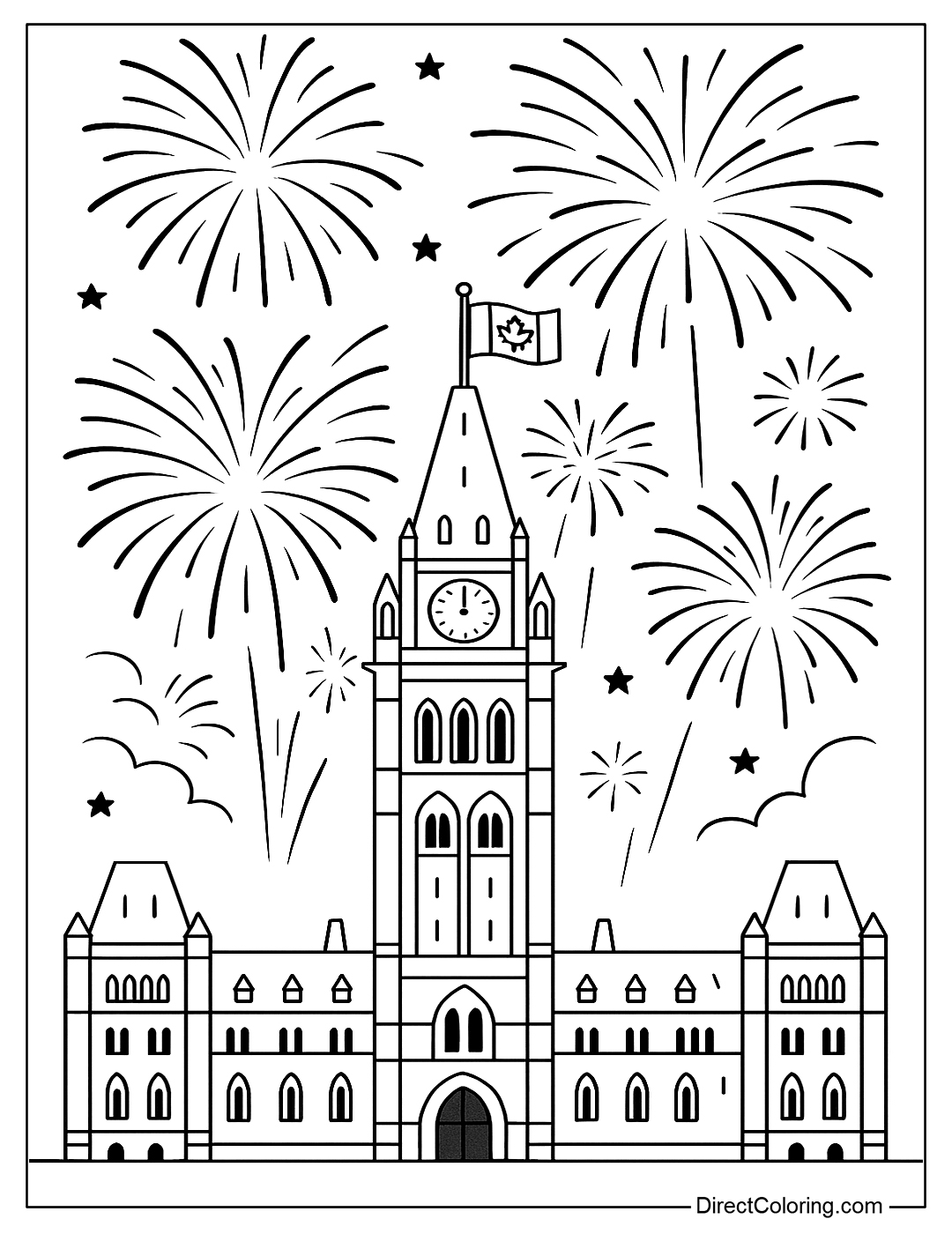A page to color the Canadian Parliament building with fireworks in the sky.